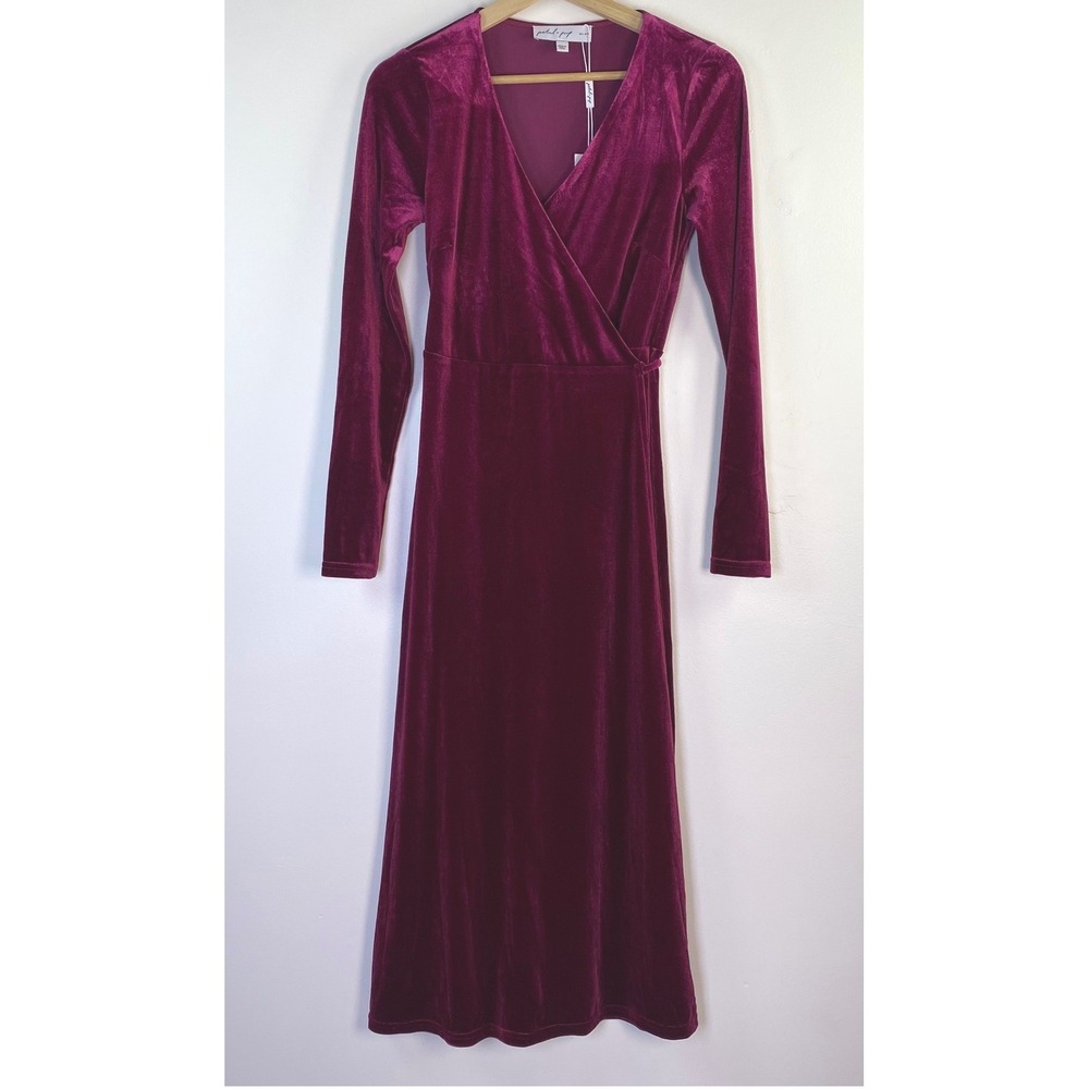 Petal & Pup Darby Long Sleeve Dress Velvet Small Burgundy Faux Wrap V-Neck NEW